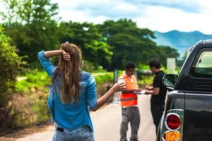 Woman Looking at Man Give Statement for Car Accident
