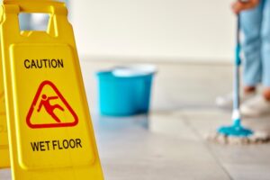 Caution Wet Floor since with a person mopping in the background