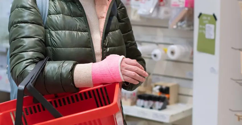A shopper in a green jacket is carrying a red basket in a store highlighting the risks of product liability injuries from defective consumer goods in South Carolina.