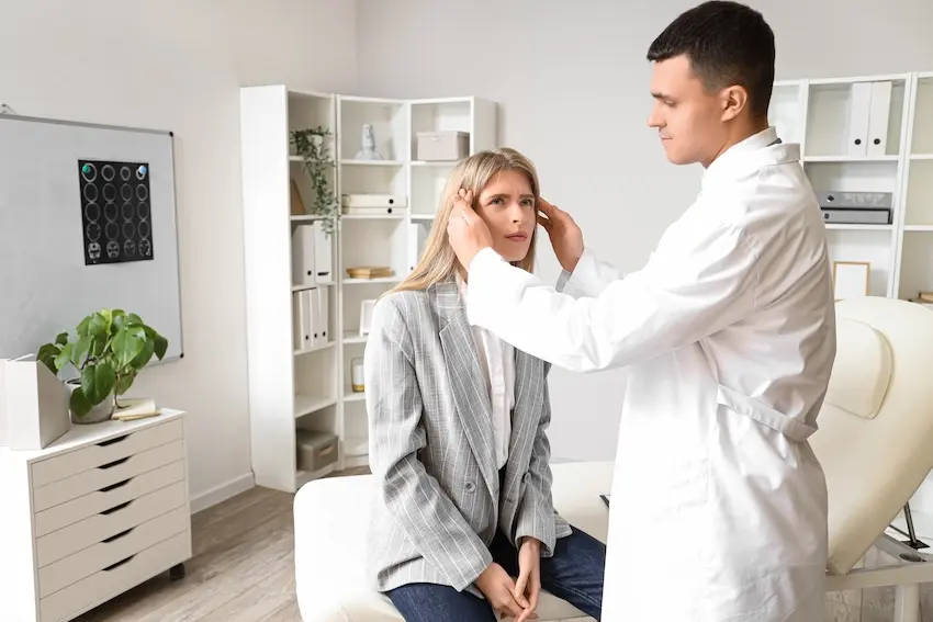 A medical professional is conducting a brain injury examination checking the patient for head trauma symptoms in South Carolina.