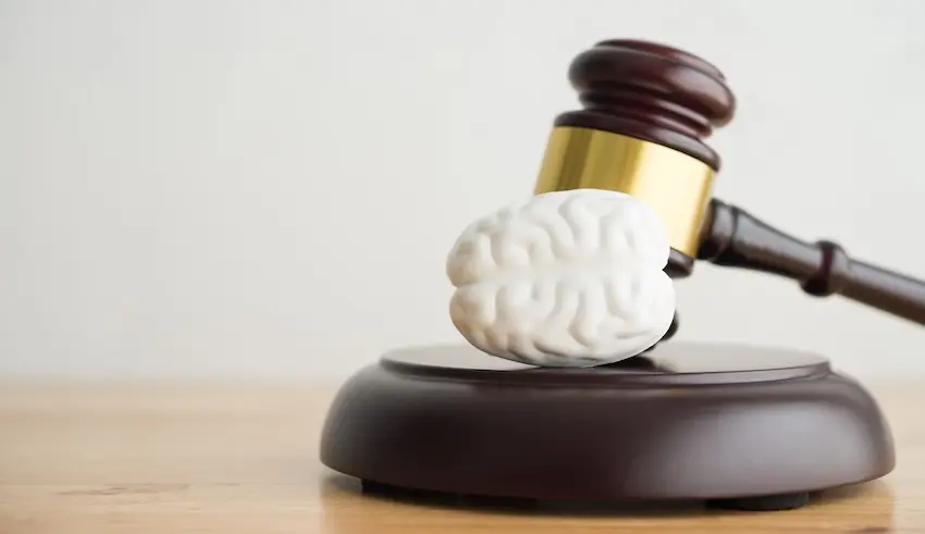 A legal gavel is striking a brain model representing brain injury litigation and personal injury lawsuits at McDougall LawFirm LLC in South Carolina.