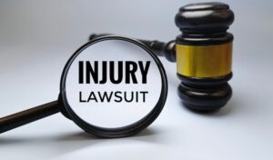 A magnifying glass enlarging the words Injury Lawsuit in bold text beside a gold and brown judge's gavel on a white surface directly representing the legal process of filing and pursuing personal injury lawsuits to recover compensation for damages at McDougall LawFirm LLC.