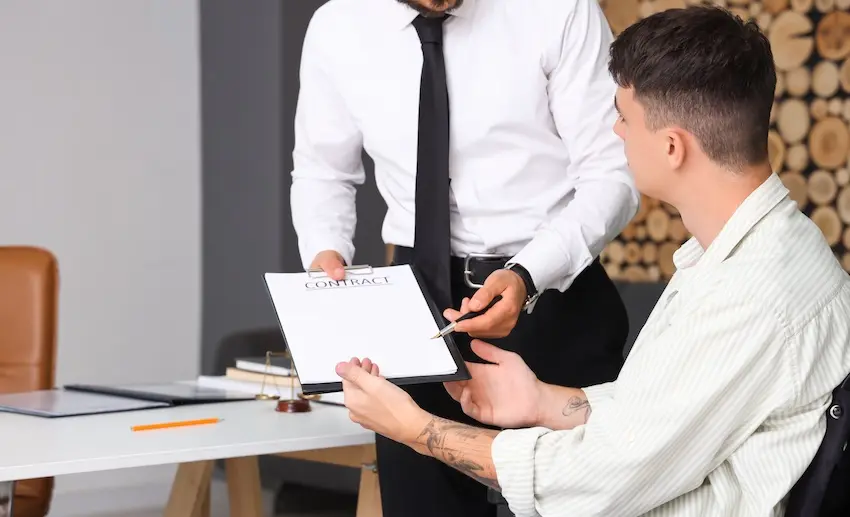 A client is reviewing a legal contract with a sports injury attorney to discuss a compensation claim and case representation at McDougall LawFirm LLC in South Carolina.