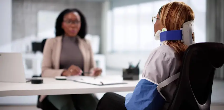 A woman wearing a cervical neck brace and arm sling sits across a desk from a female lawyer from McDougall LawFirm LLC in a beige blazer taking notes on a clipboard depicting a consultation meeting to discuss personal injury claims following an accident.