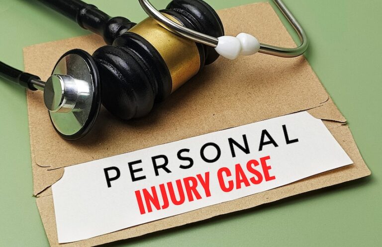 A black and gold judge's gavel with a white rubber tip sits atop a torn brown kraft paper envelope alongside a silver and black stethoscope- all arranged on a sage green surface- with a white rectangular label beneath the gavel printed with the words "PERSONAL" in bold black letters and "INJURY CASE" in bold red letters — directly referencing the legal and medical documentation central to a personal injury case in South Carolina.