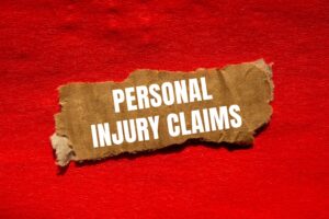 The words "Personal Injury Claims" is printed in bold white text on a torn piece of brown cardboard peeled back from a bright red background directly referencing the legal process of filing personal injury claims with McDougall LawFirm LLC after being hurt due to someone else's negligence in South Carolina.