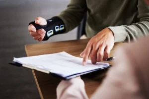 Workers Compensation Lawyer going over a clients workers comp claim.