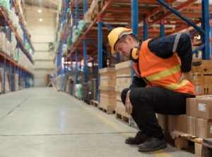 Warehouse worker experiencing lower back pain from a work injury and in need of a Columbia Workers Compensation Attorney.