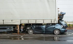 A blue car is crushed under a truck, and the victim needs a truck accident lawyer to file a claim.